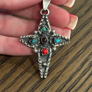 Sterling Silver Cross Pendant with Turquoise, Amethyst and Red Coral stones